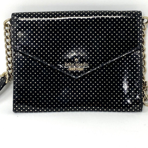 Kate Spade Black Leather Envelope Bag Purse With Gold Polkadots Chain Strap - Picture 2 of 10
